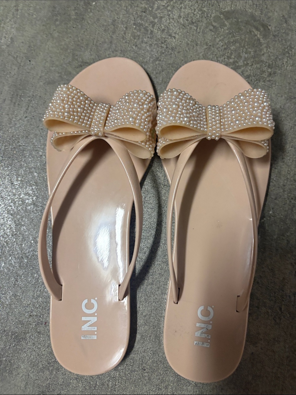 INC International Concepts Blush Pink Pearl Bow Slide Sandals